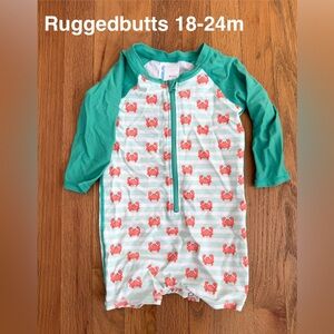 Rugged Butts, one piece bathing suit, 24m, Crab Print (teal and coral)